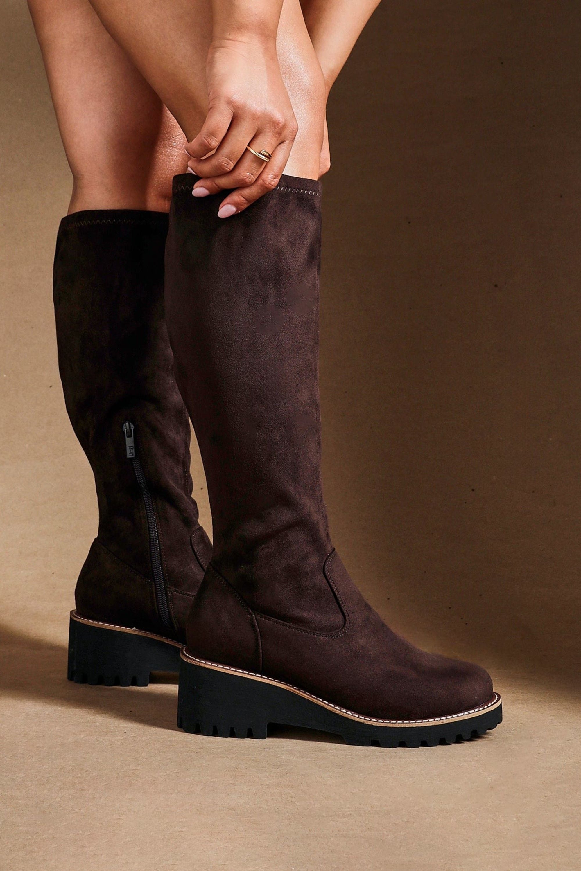 Linzi Maintain Wide Fit Brown Faux Suede Stretch High Leg Wedge Boot image 2