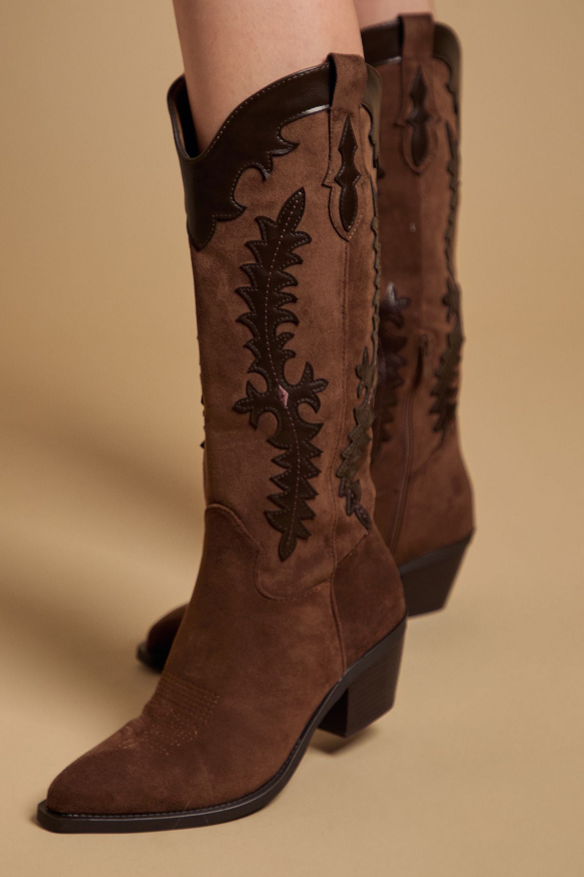 Oasis Jessie Faux Suede & Leather Western Cowboy Calf Boots Brown image 4