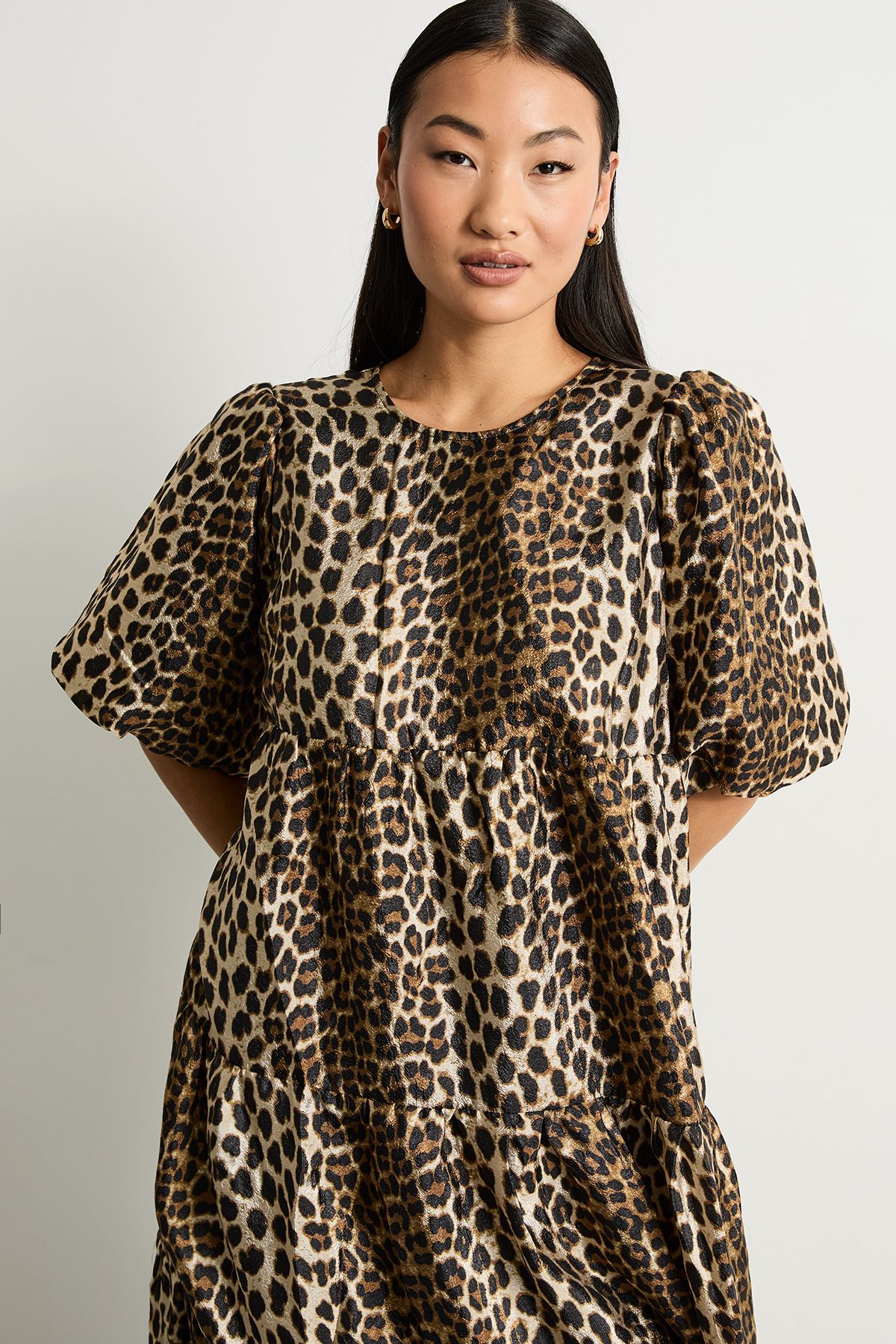 Warehouse Petite Animal Organza Puff Sleeve Midi Smock Dress Animal image 2