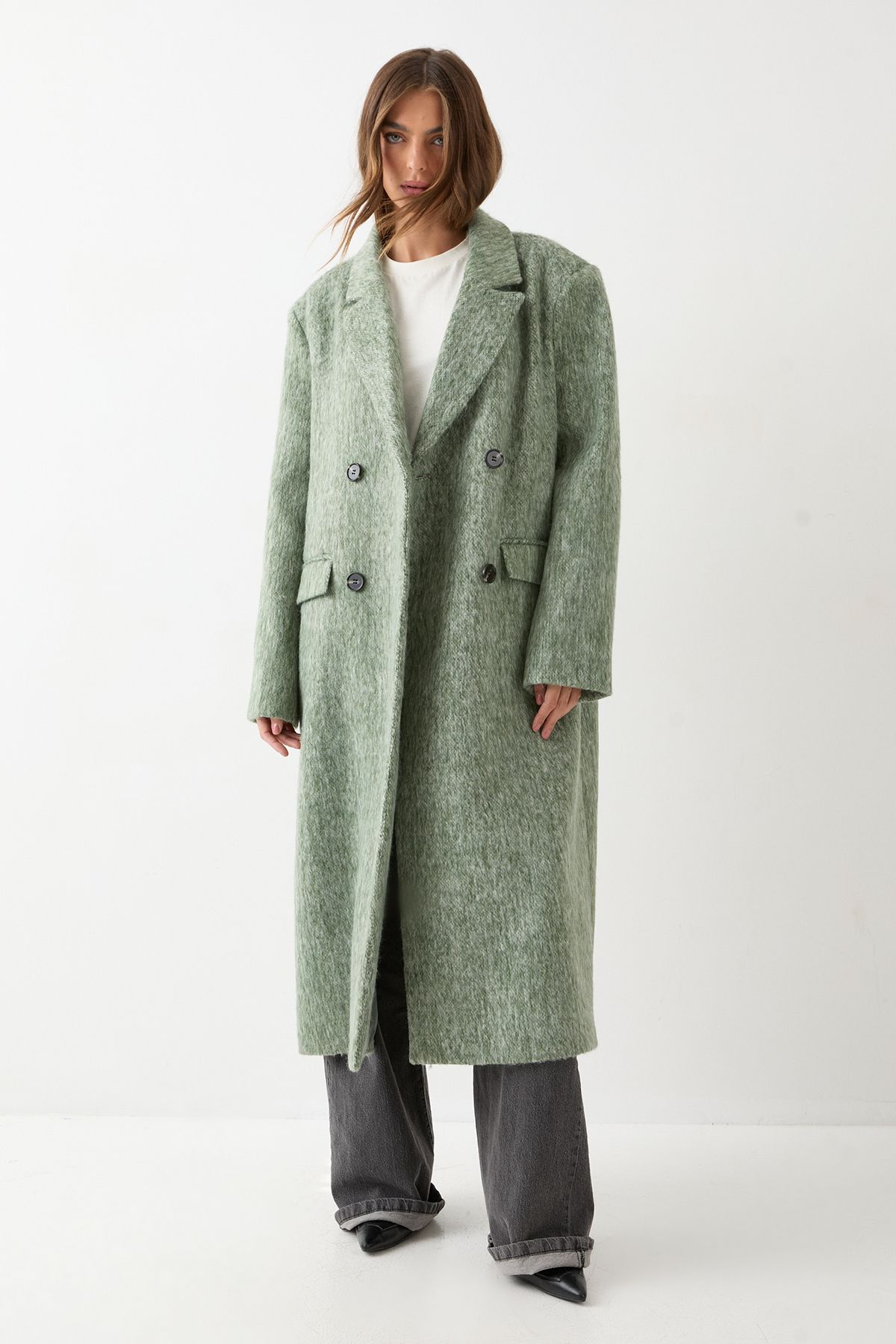 MissPap Wool Look Structured Shoulder Coat Olive image 1