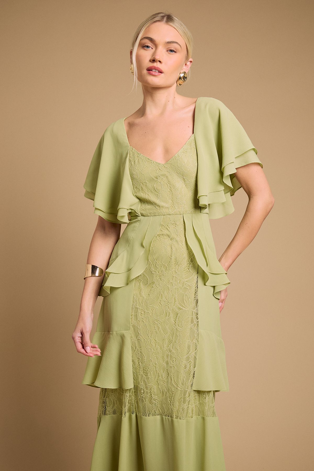 Oasis Lace Panel Ruffle Maxi Dress Green image 2
