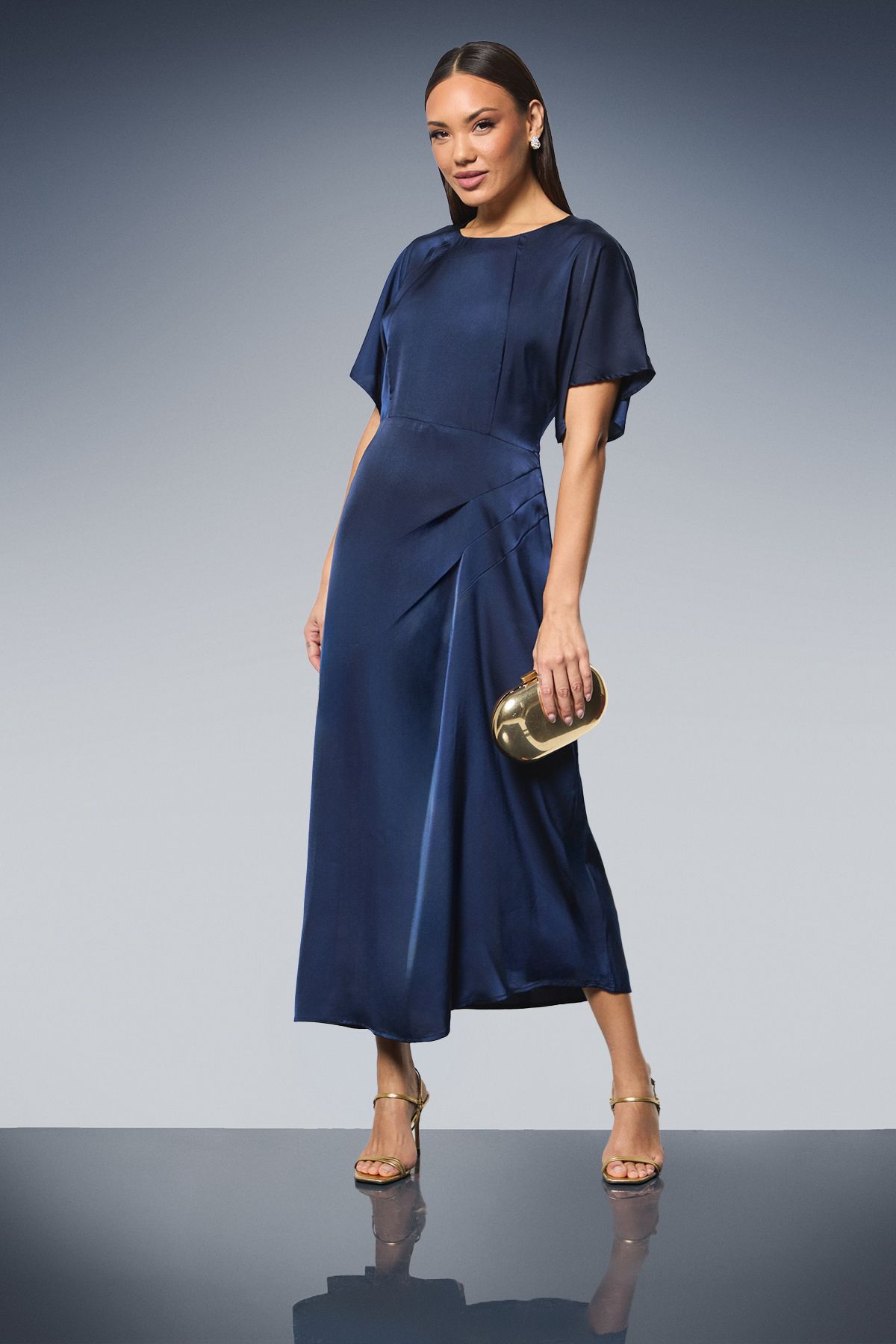 Principles Flutter Sleeve Pleat Detail Satin Midi Dress Navy image 1