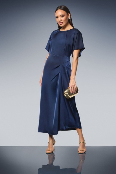 Principles Flutter Sleeve Pleat Detail Satin Midi Dress Navy