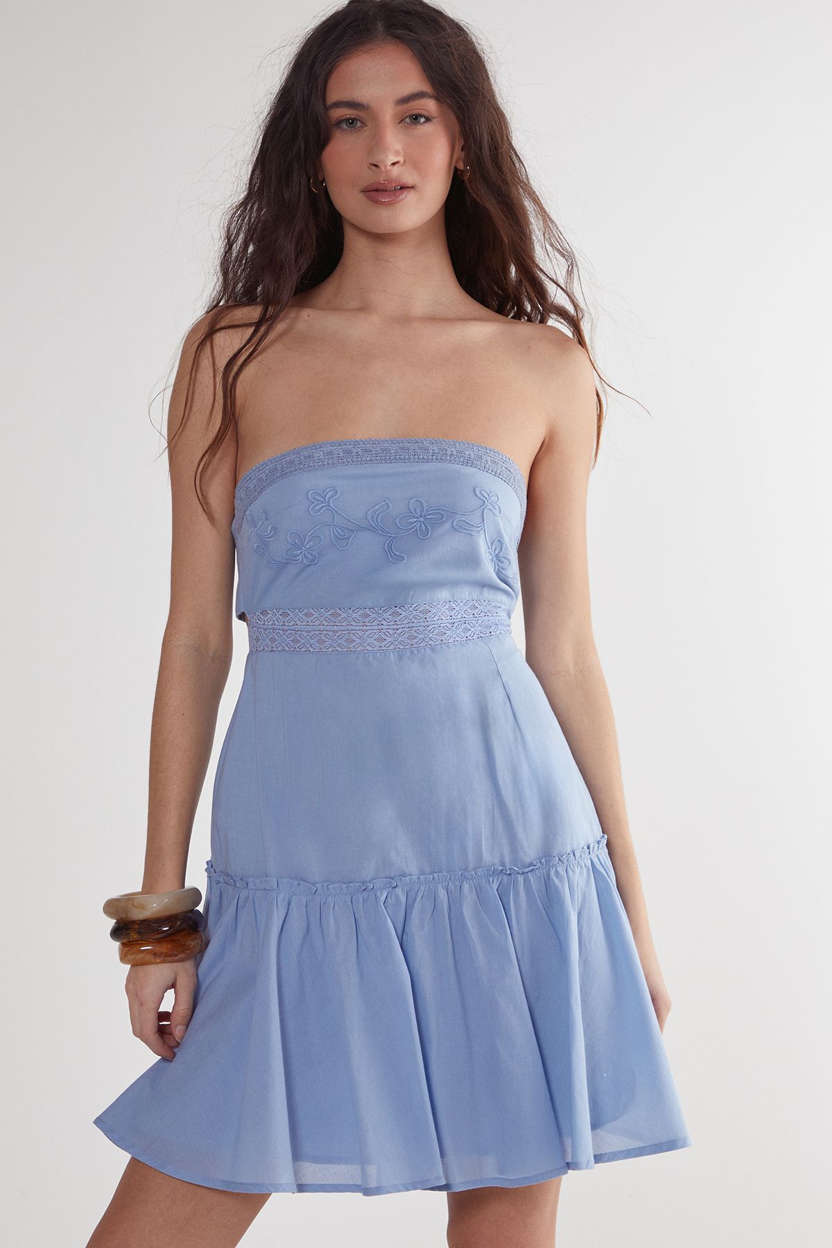 NastyGal Cotton Embroidered Lace Insert Bandeau Tie Back Mini Dress Powder Blue image 3