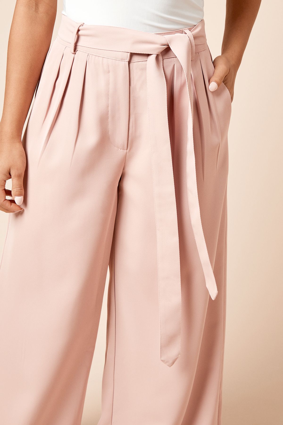 Dorothy Perkins Petite Pleated Belted Wide Leg Trouser Blush image 4
