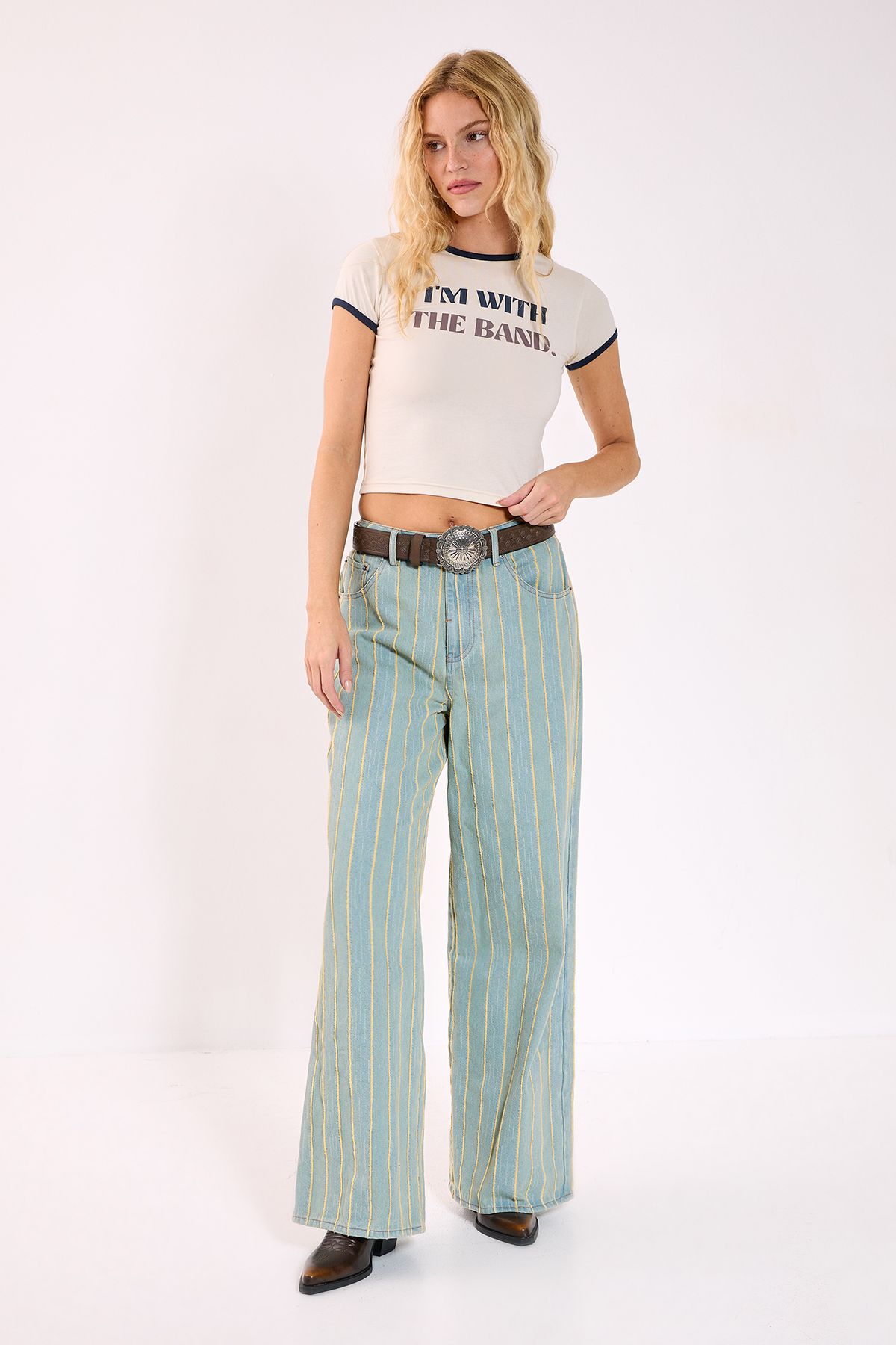 NastyGal I'm With The Band Ringer Baby T-Shirt Ecru image 3