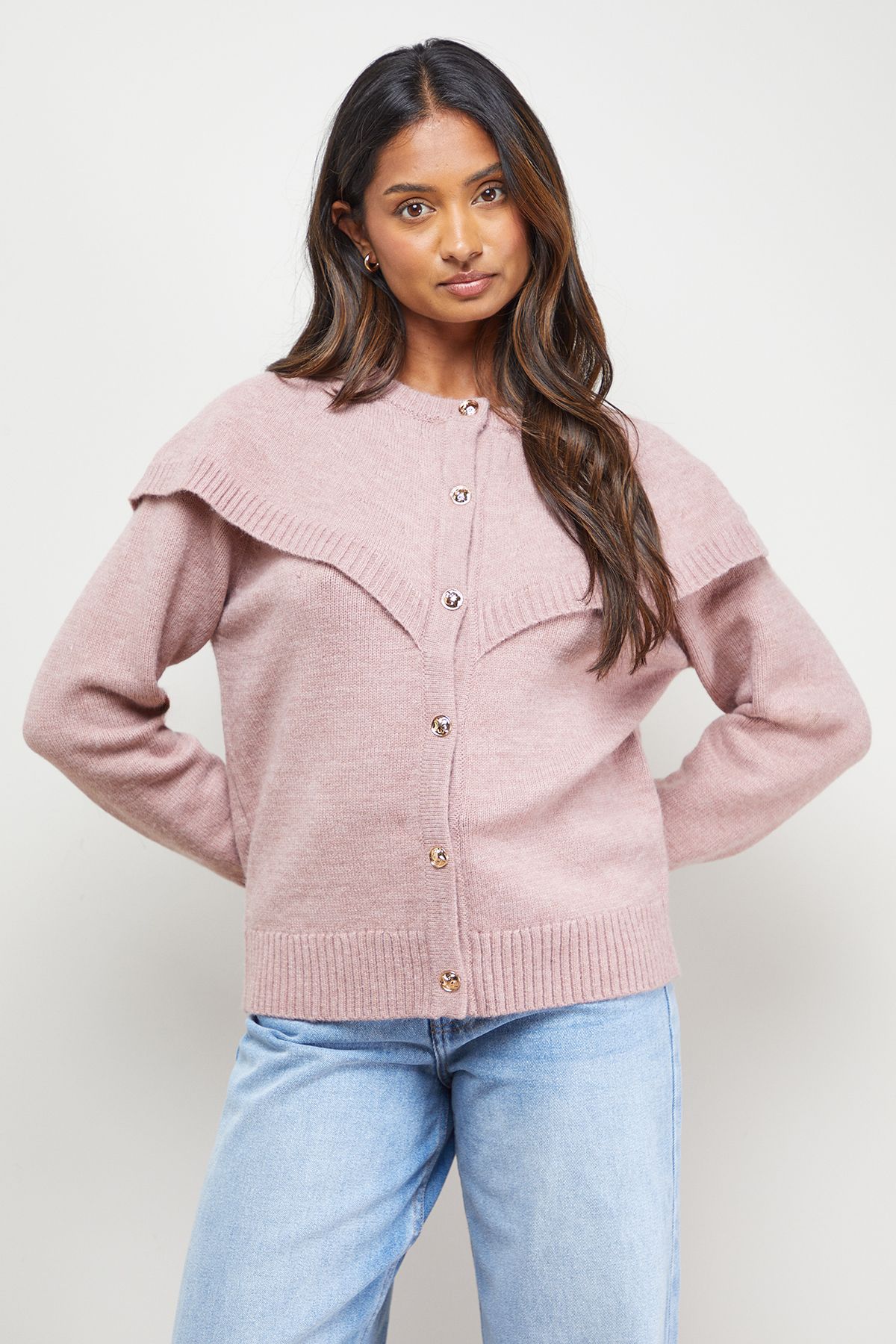 Oasis Cape Detail Button Down Crew Neck Cardigan Desert Rose
