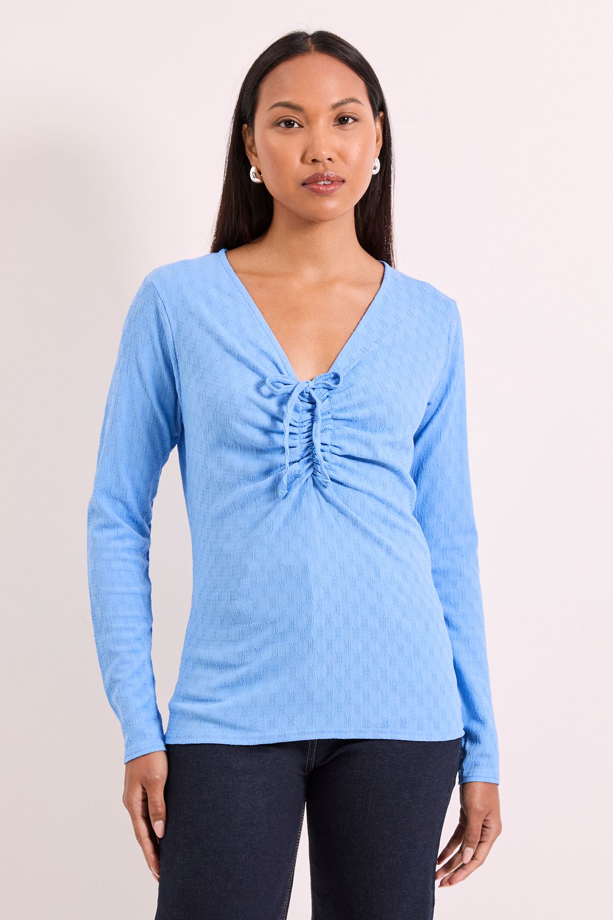 Principles Blue Front Tie Rushed Jersey Top Blue