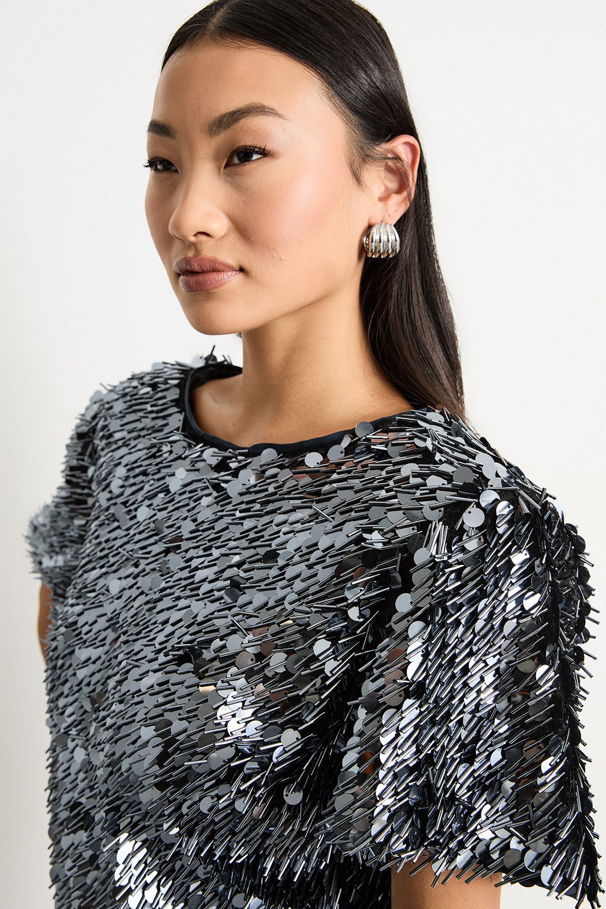 Warehouse Petite Premium Dense Sequin Extreme Shoulder Mini Dress Gun Metal image 5