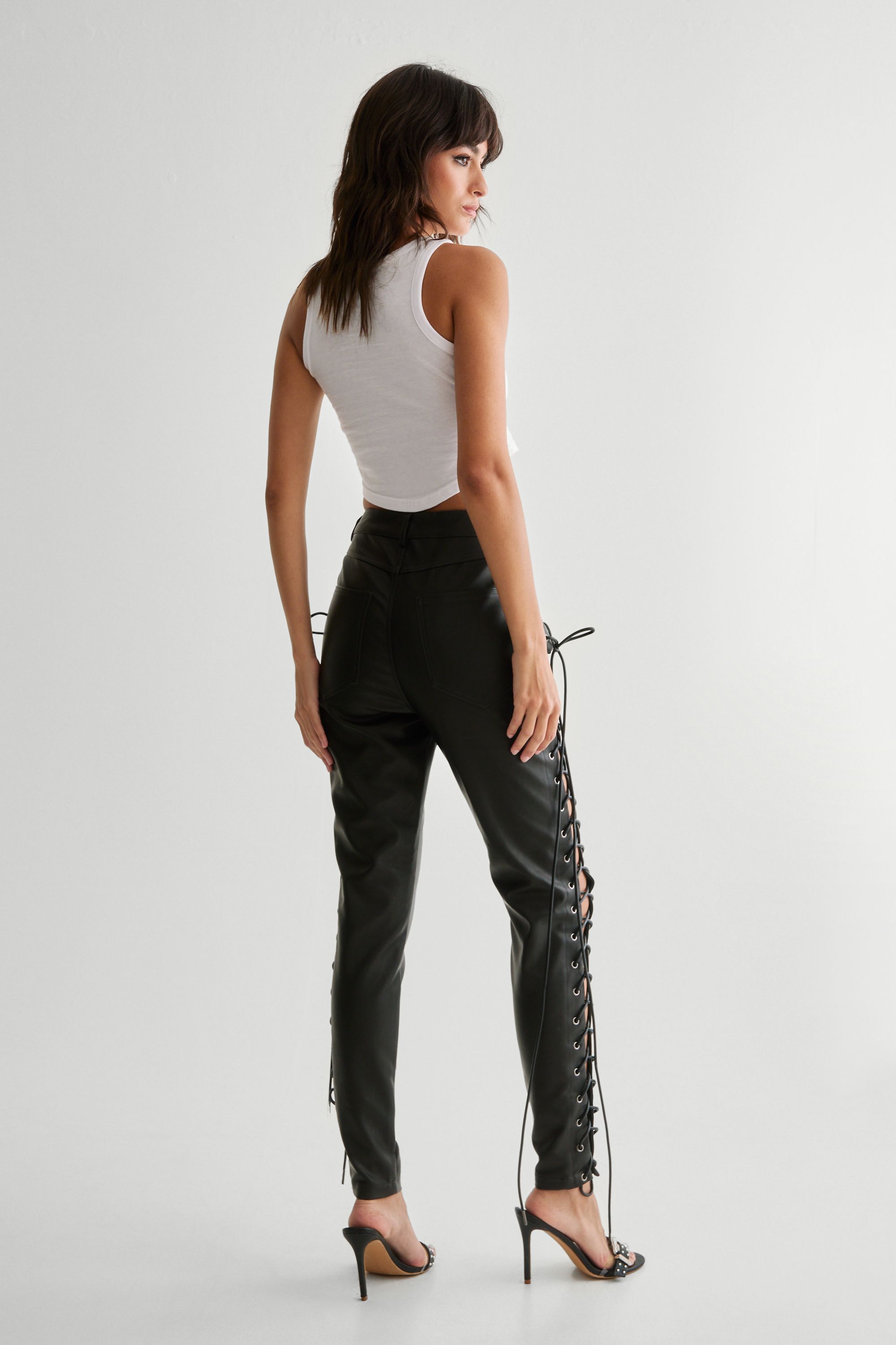 NastyGal Eyelet Detail Faux Leather Trousers Black image 4