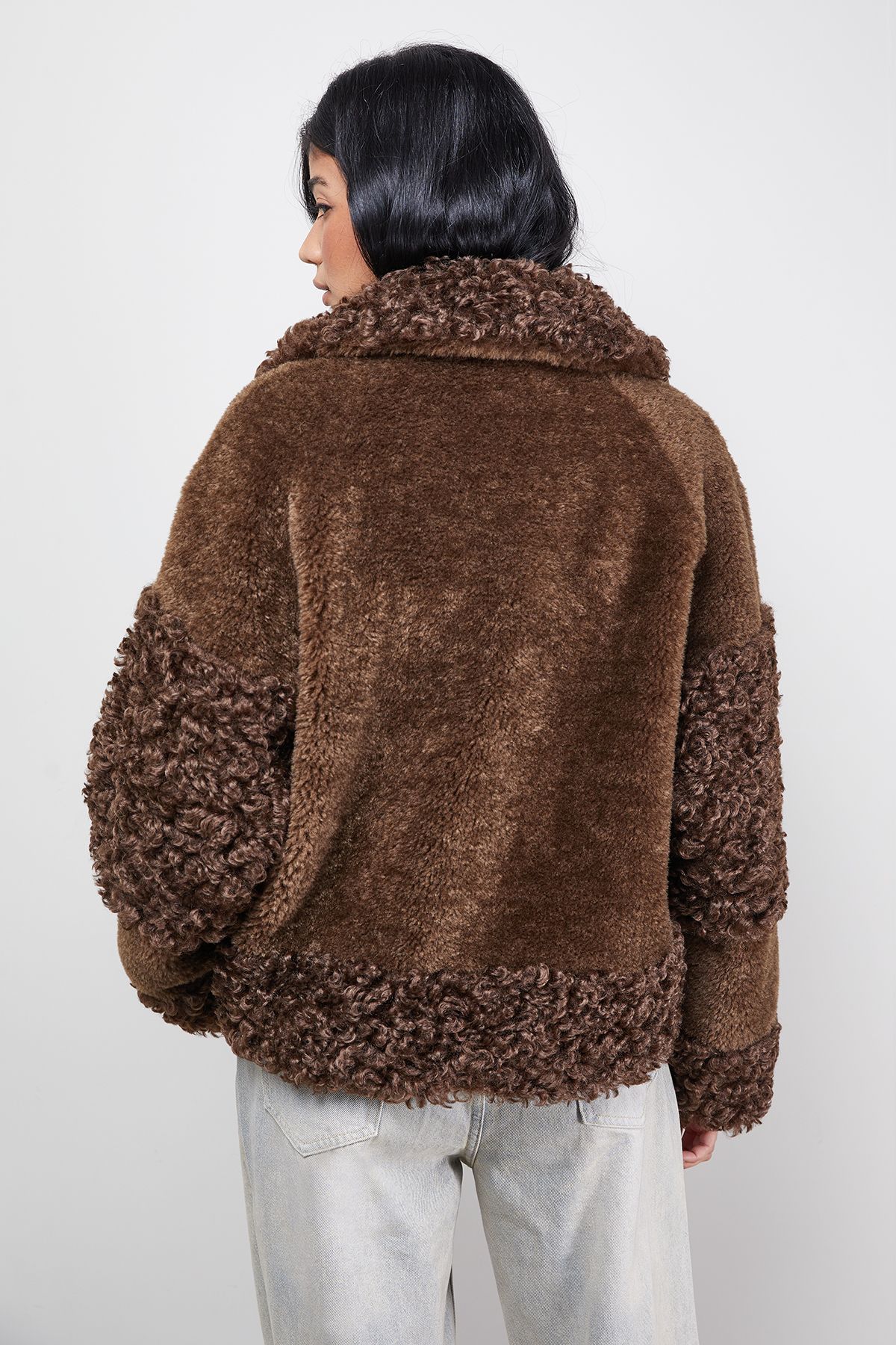 Warehouse Fur Mix Zip Through Jacket Chocolate image 3