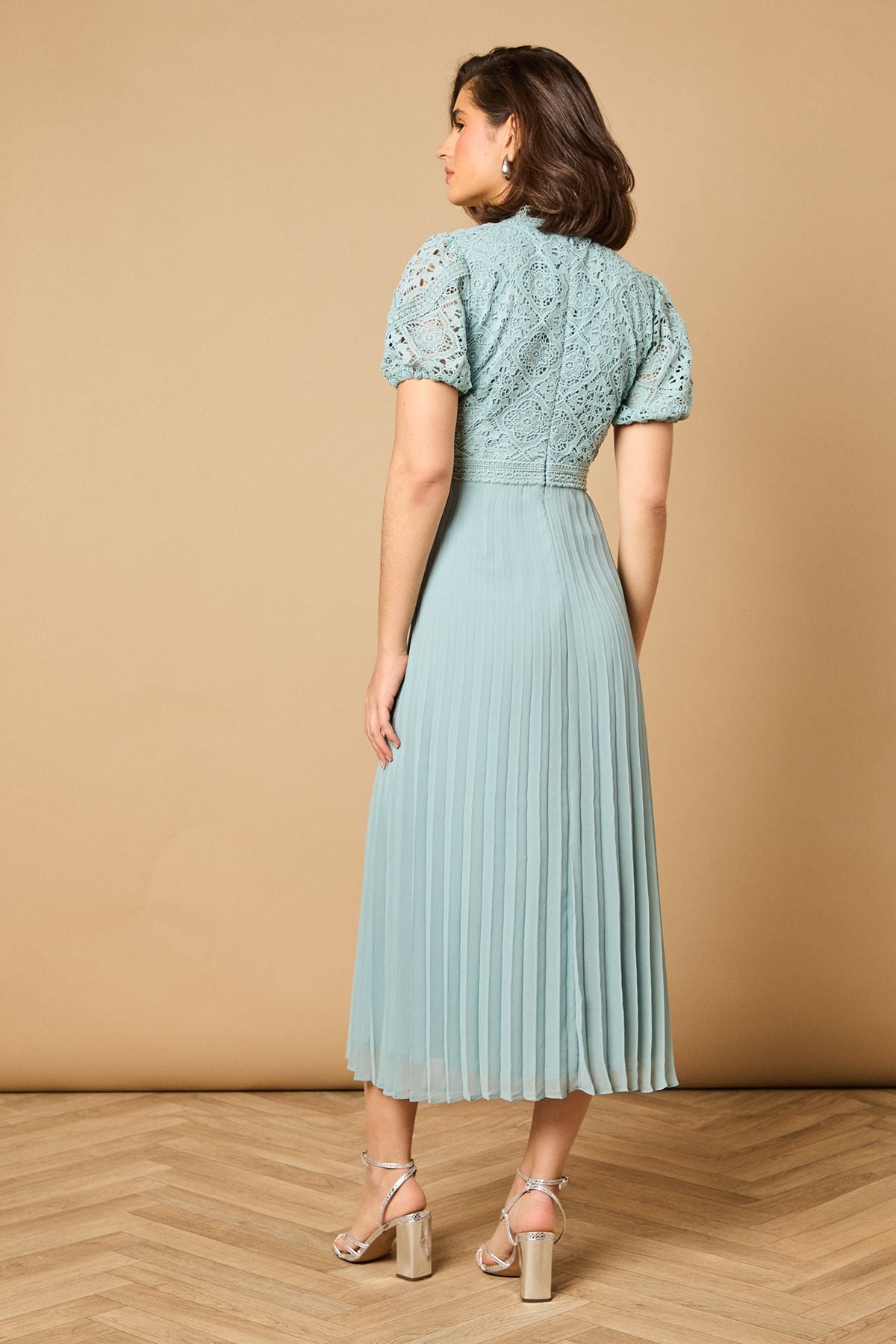 Oasis Lace Puff Sleeve Pleated Midi Dress Light Blue image 4