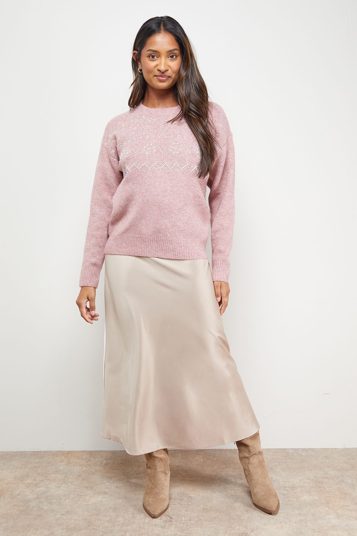 Oasis Embellished Fairisle Crew Neck Jumper Blushed Pink image 2