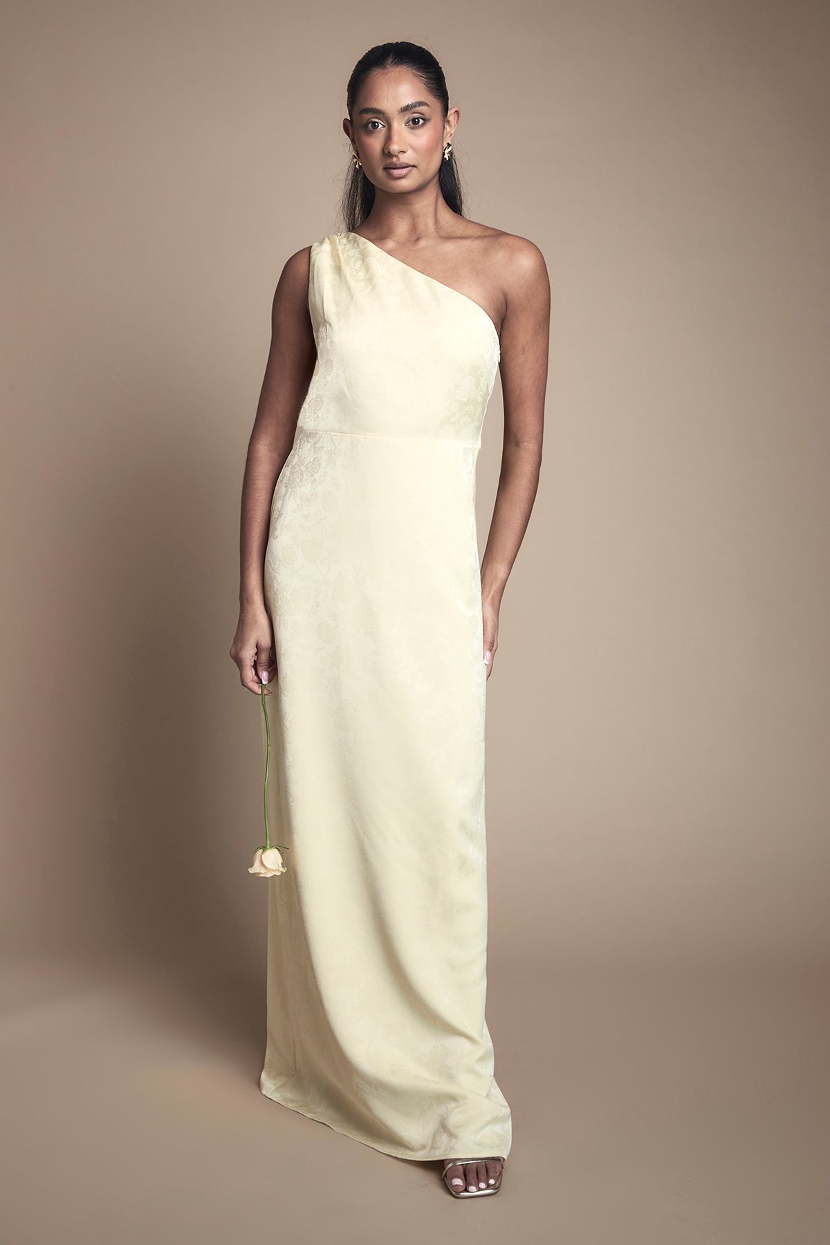 Oasis One Shoulder Satin Jacquard Bridesmaid Maxi Dress Butter image 1
