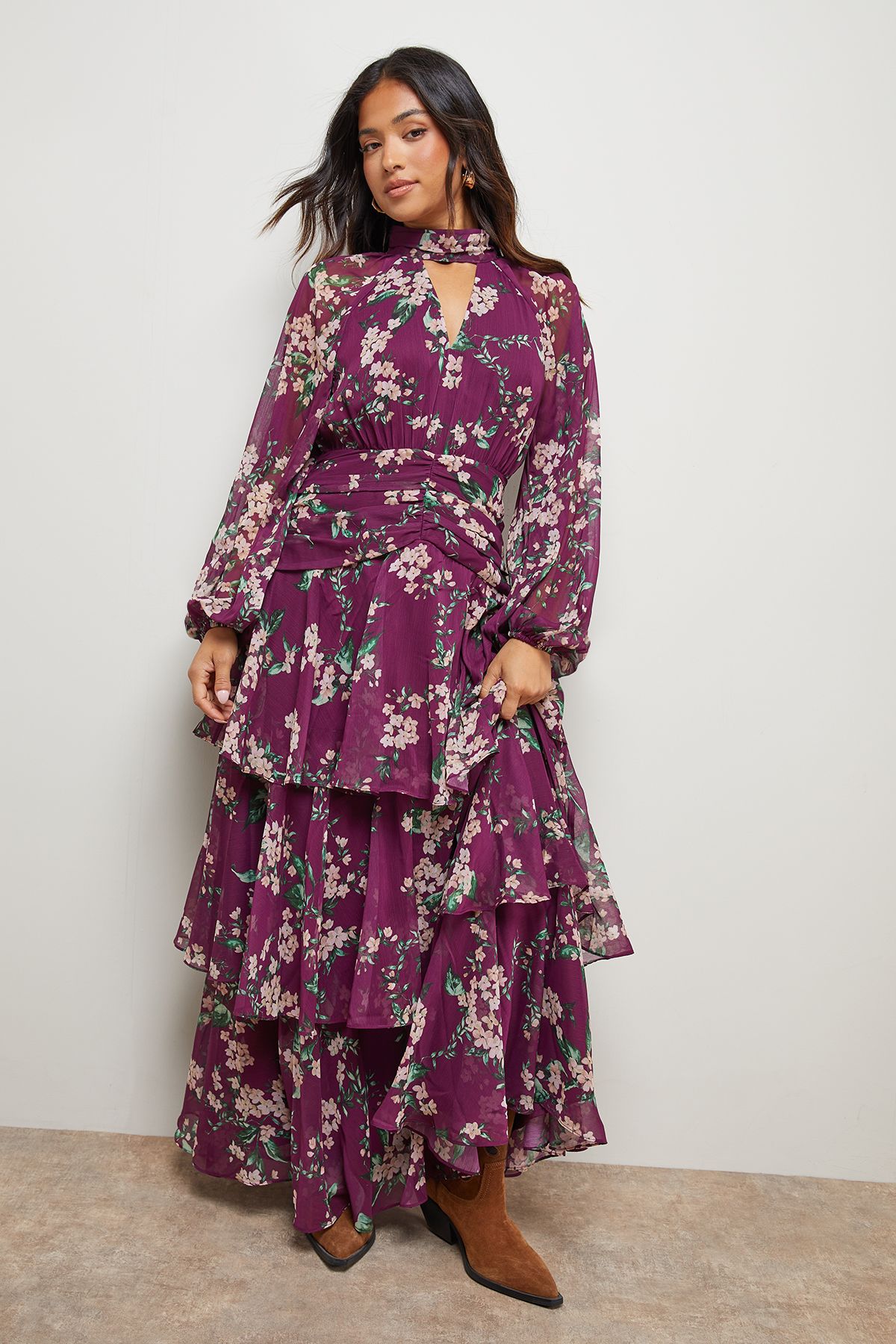 Oasis Petite Printed Ruffle Tiered High Neck Maxi Dress Purple image 4
