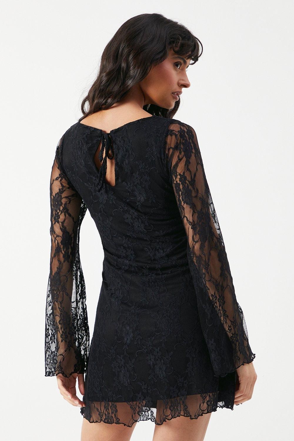 Warehouse Stretch Lace Flared Sleeve A-line Mini Dress Black image 3