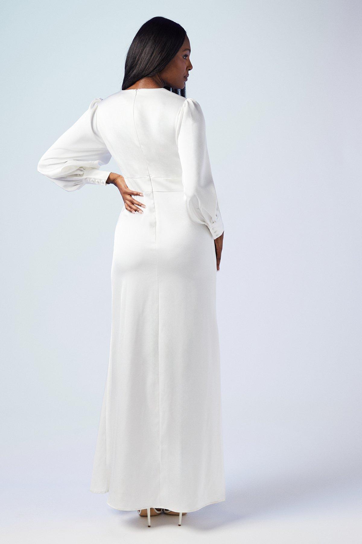 Oasis Premium Button Front Blouson Sleeve Satin Wedding Dress image 3