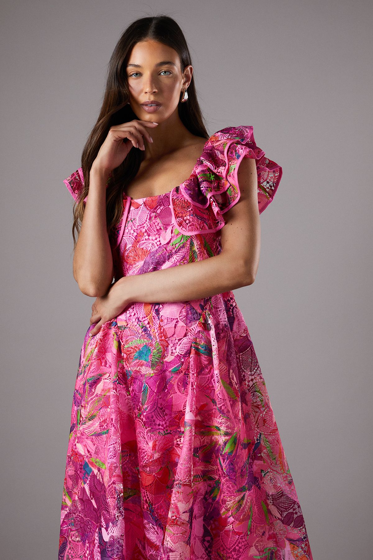 Coast Printed Broderie Frill Sleeve Midi Holiday Dress Pink image 4