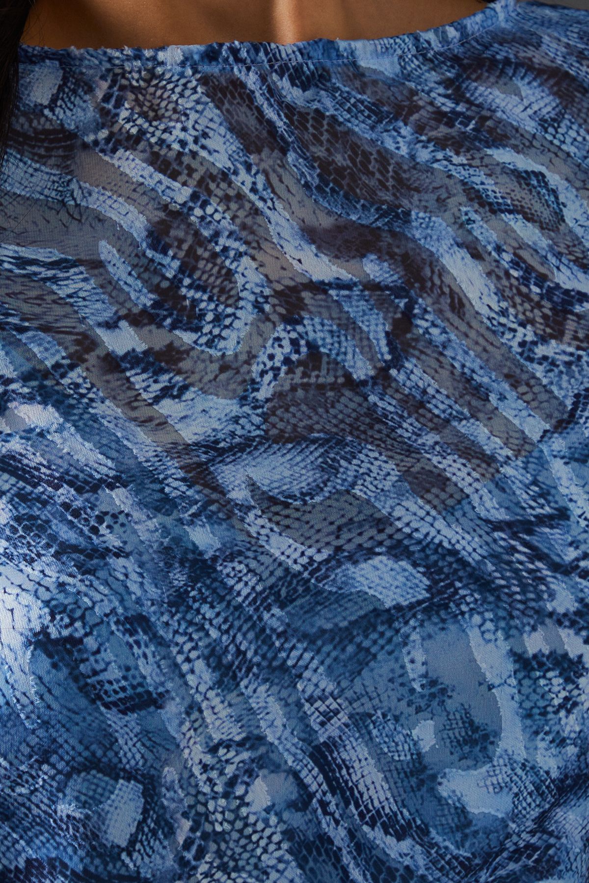 Warehouse Petite Burnout Snake Chiffon Column Long Sleeve Maxi Dress Blue image 5