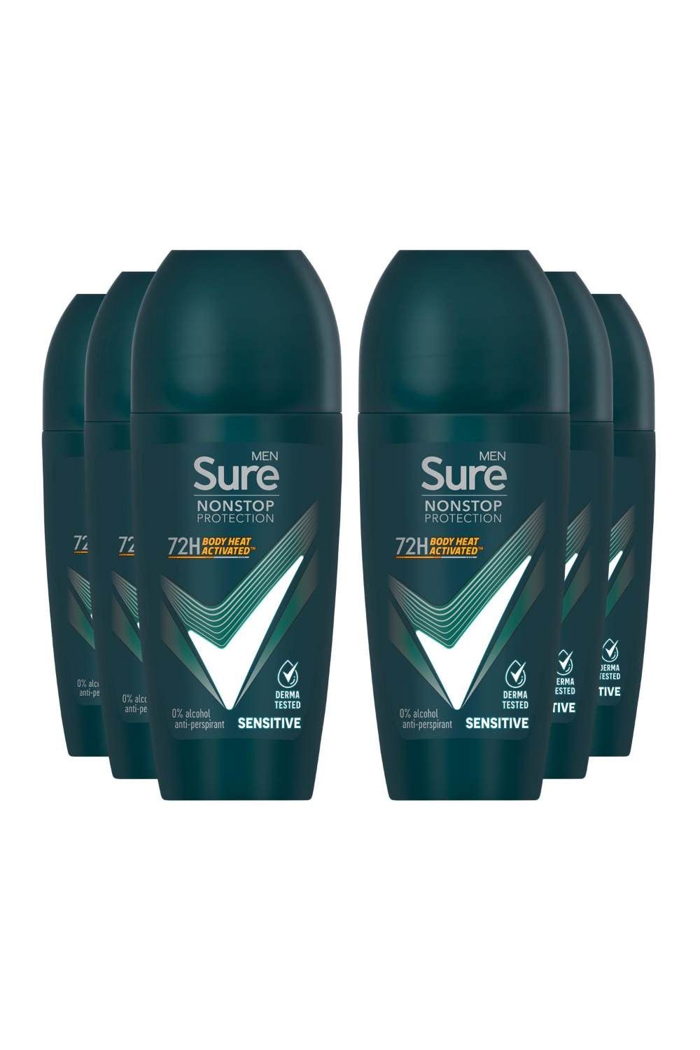 Sure Men Sensitive 'Anti-perspirant' 72H Protection Roll On Deo, 6x50ml image 1
