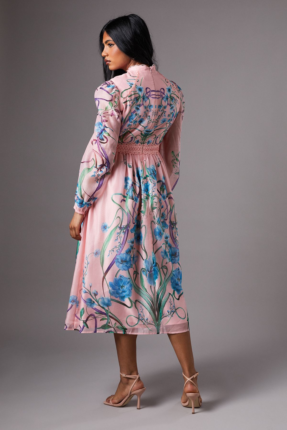 Coast Petite Burnout Printed Midi Dress With Blouson Sleeve Pink image 4