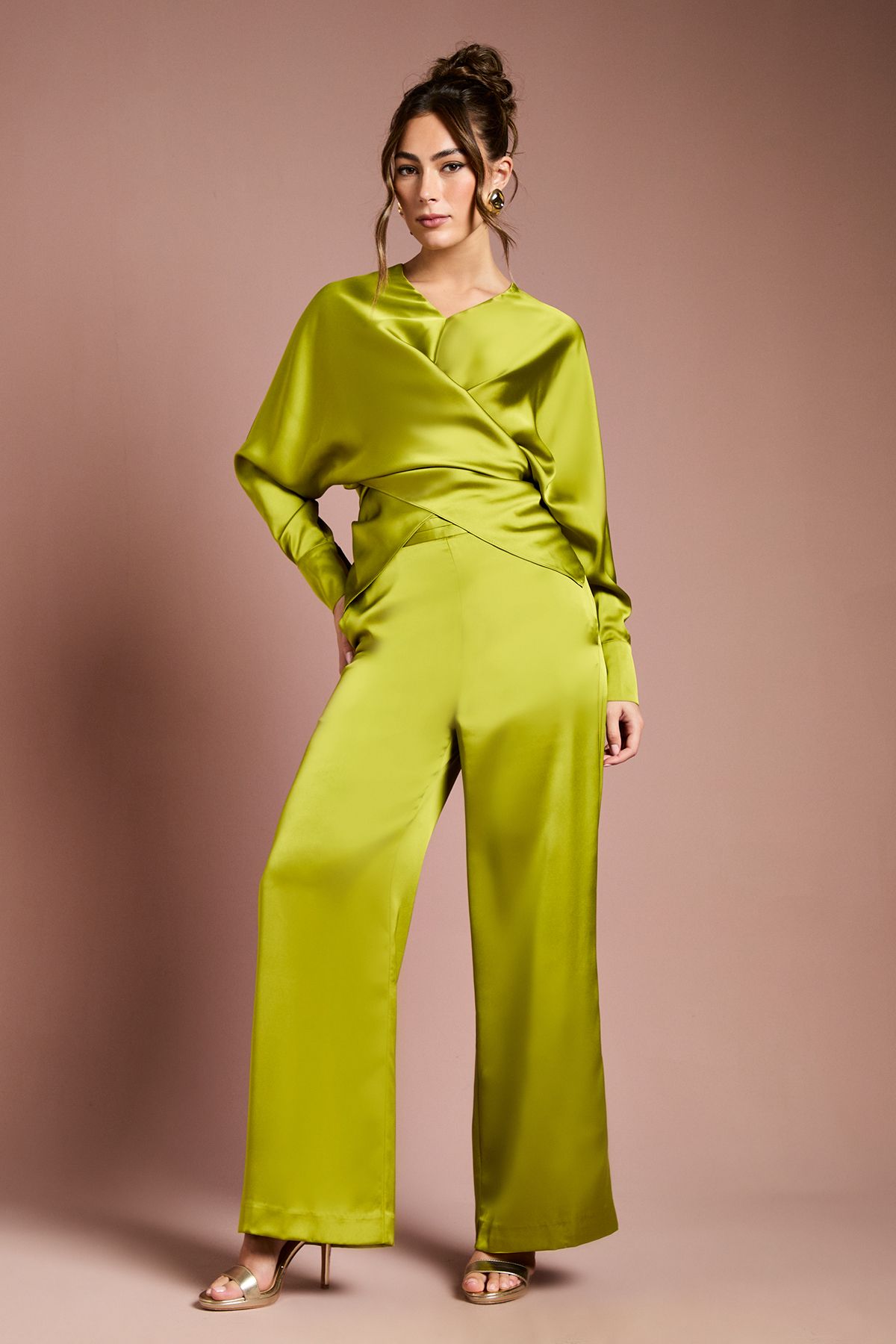 Coast V Neck Satin Wrap Waist Top Chartreuse image 2