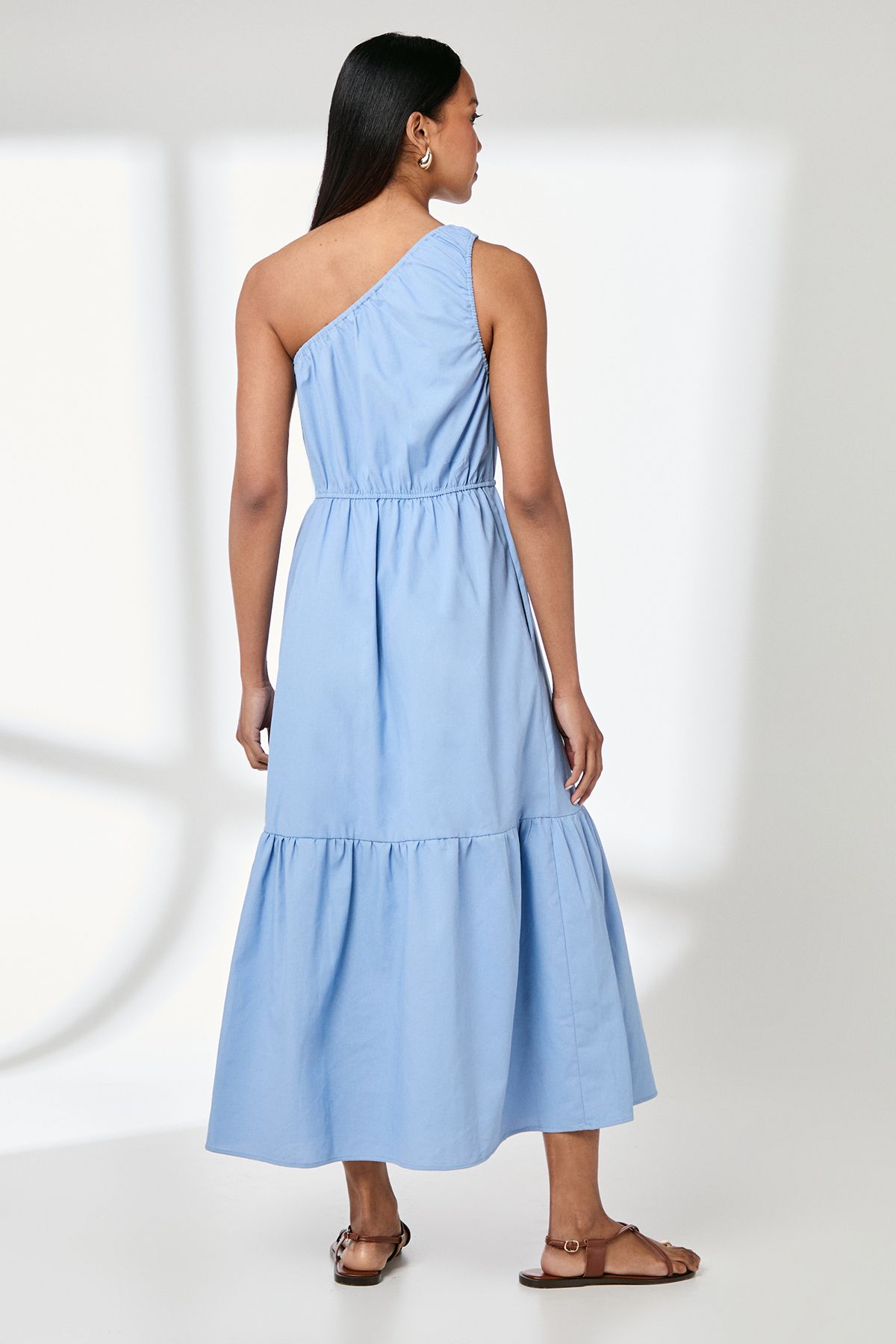 Principles One Shoulder Tiered Linen Mix Midaxi Dress Blue image 3