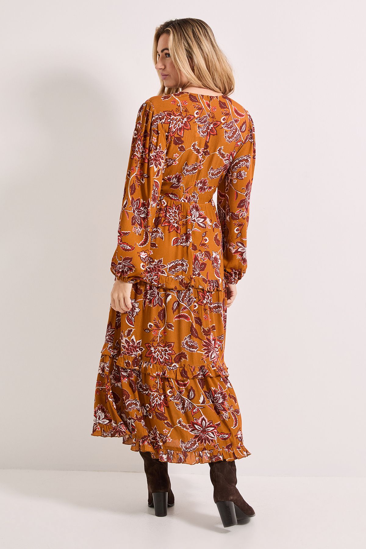 Dorothy Perkins Button Through Blouson Sleeve Tiered Frill Midi Dress Orange image 3