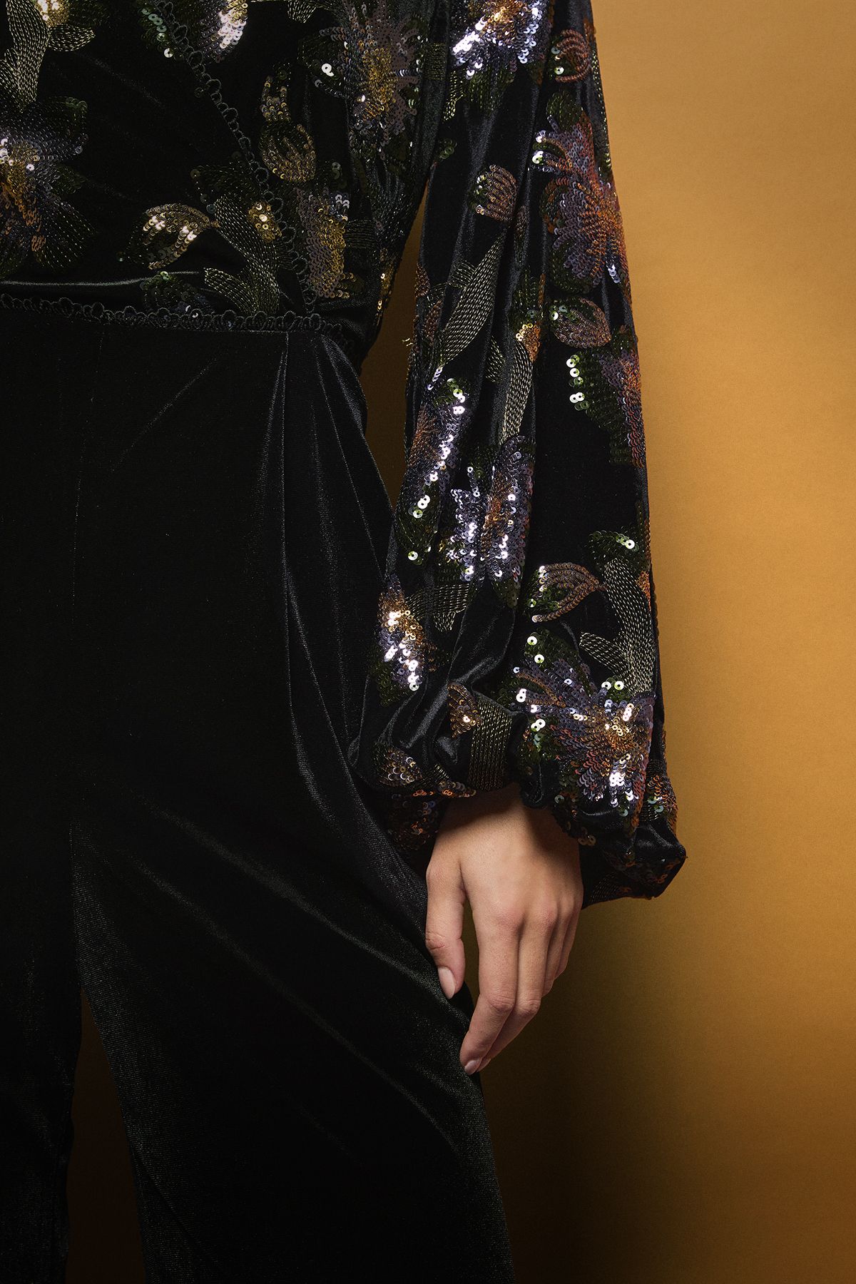 Coast V Neck Blouson Sleeve Floral Sequin Jumpsuit Black image 4