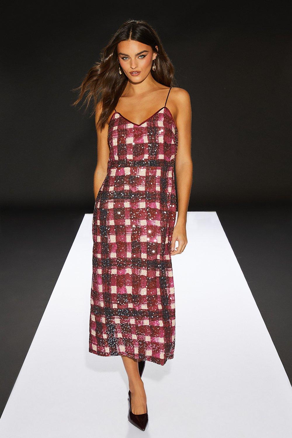 RUNWAY 1.8.1.8 Runway 1.8.1.8 Check Sequin Strappy Dress Burgundy image 1