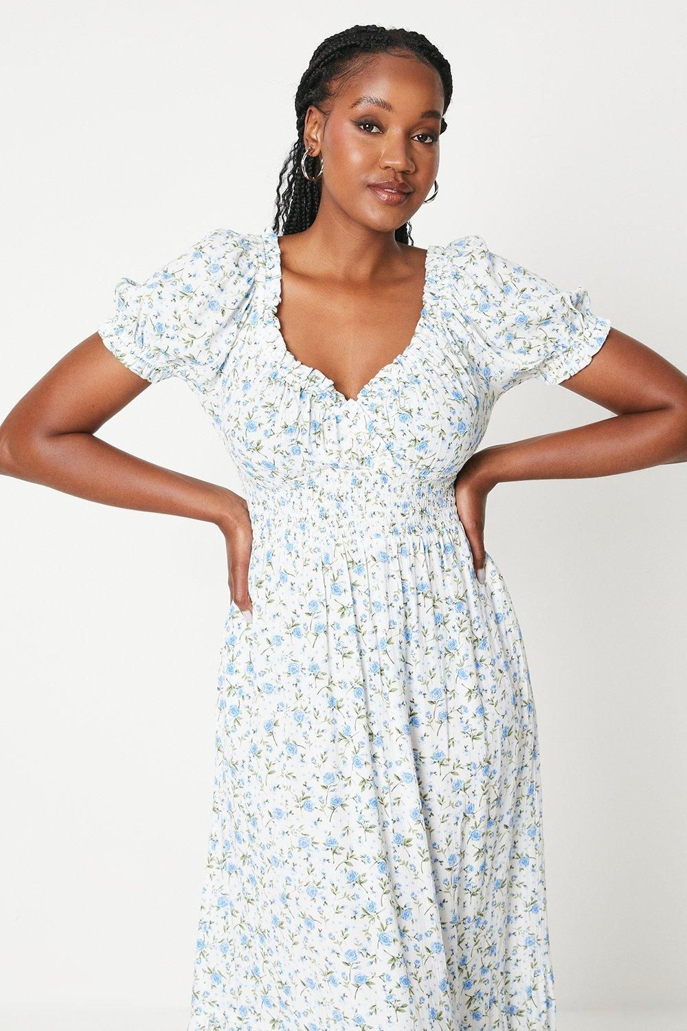 Dorothy Perkins Blue Ditsy Shirred Waist Tiered Hem Midi Dress Ivory image 4