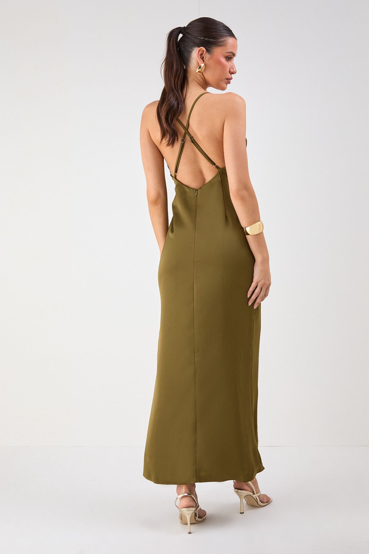 MissPap Tie Detail Strappy Satin Maxi Dress Olive image 4