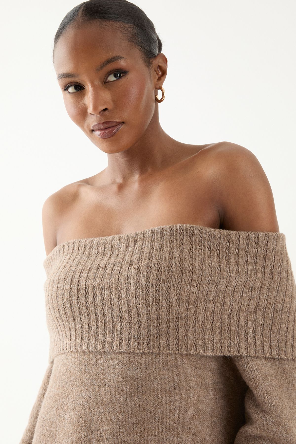 MissPap Premium Knit Bardot Foldover Jumper Dress Mocha image 3