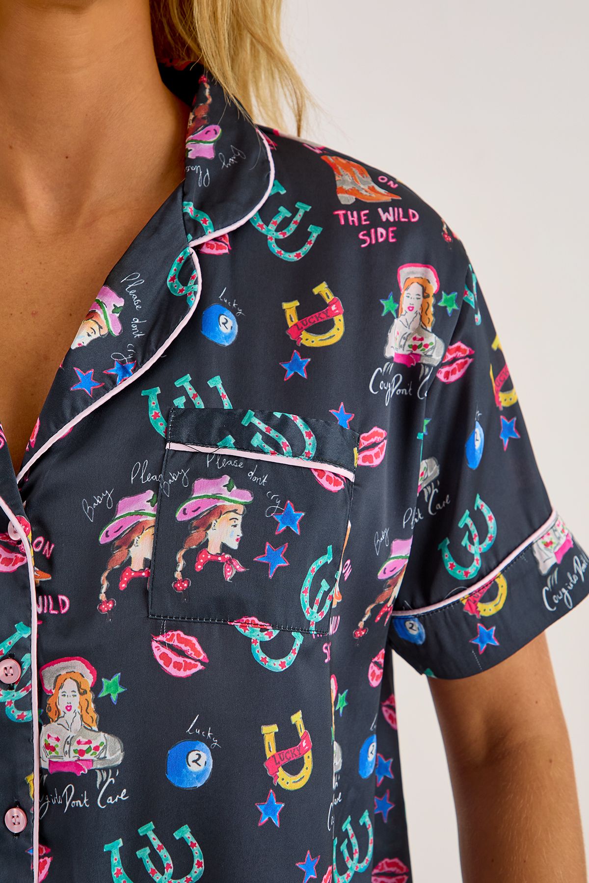 NastyGal Satin Western Conversational Contrast Piped Pajama Shorts Set Black image 2