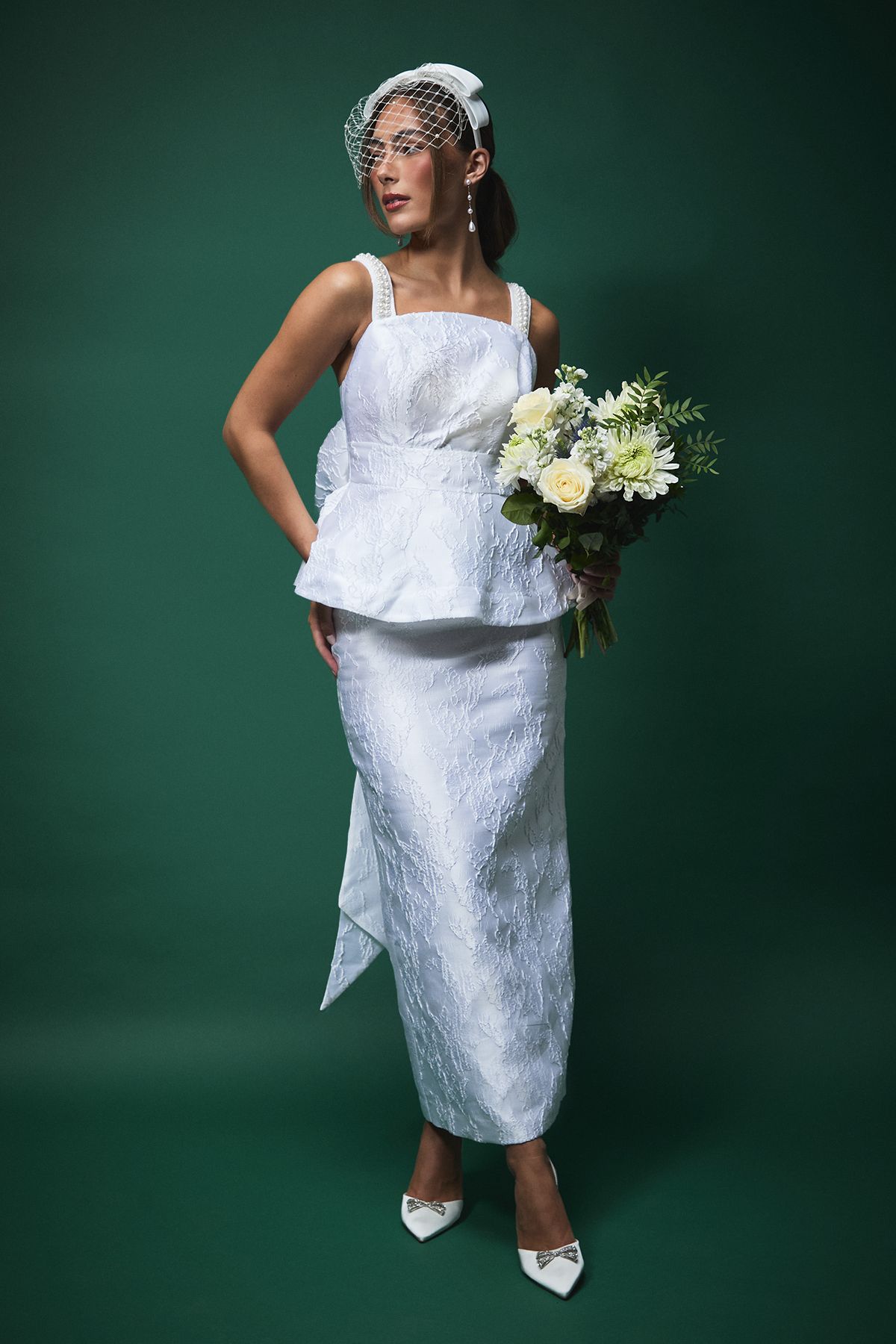 Coast Lisa Tan Pearl Strap Peplum Bridal Top With Statement Bow Detail White