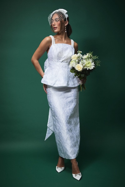 Coast Lisa Tan Pearl Strap Peplum Bridal Top With Statement Bow Detail White