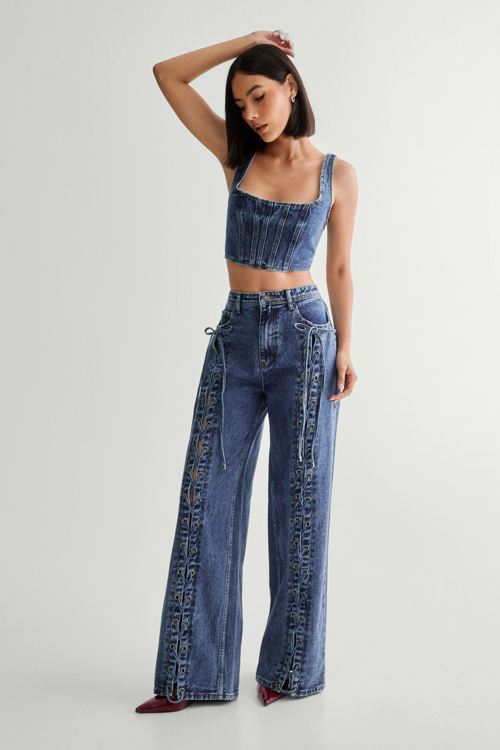 NastyGal DENIM LACE BACK CORSET BRALET Authentic Midwash image 3