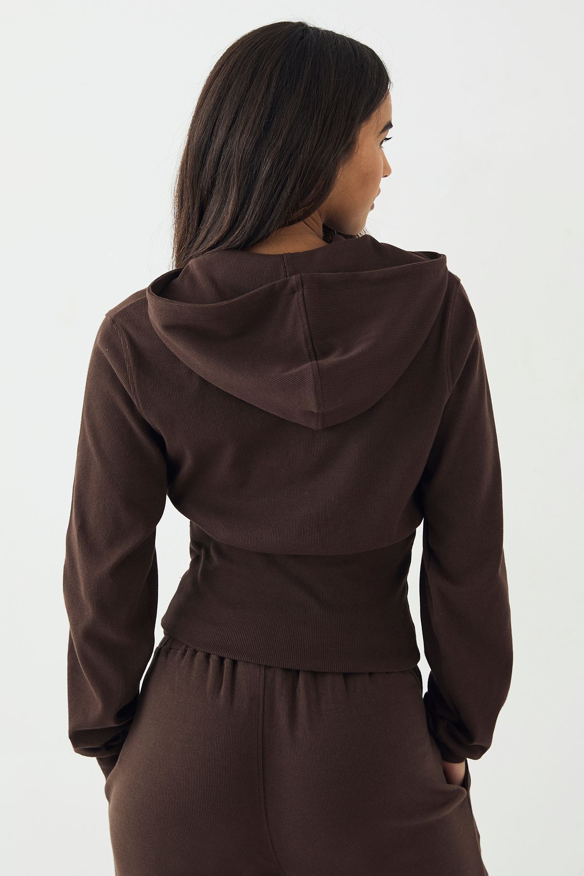 DSGN Studio DSGN Studio Button Through Cinched Hooded Rib Top Dark Chocolate image 2
