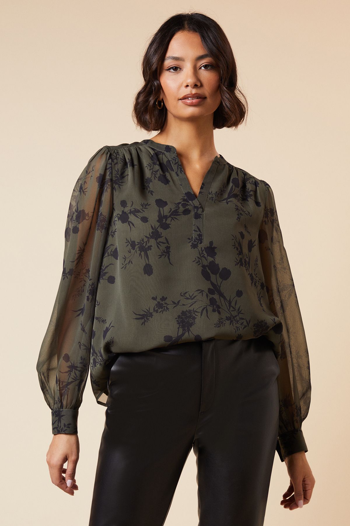 Dorothy Perkins Khaki Floral Chiffon Overhead Shirt Khaki image 1