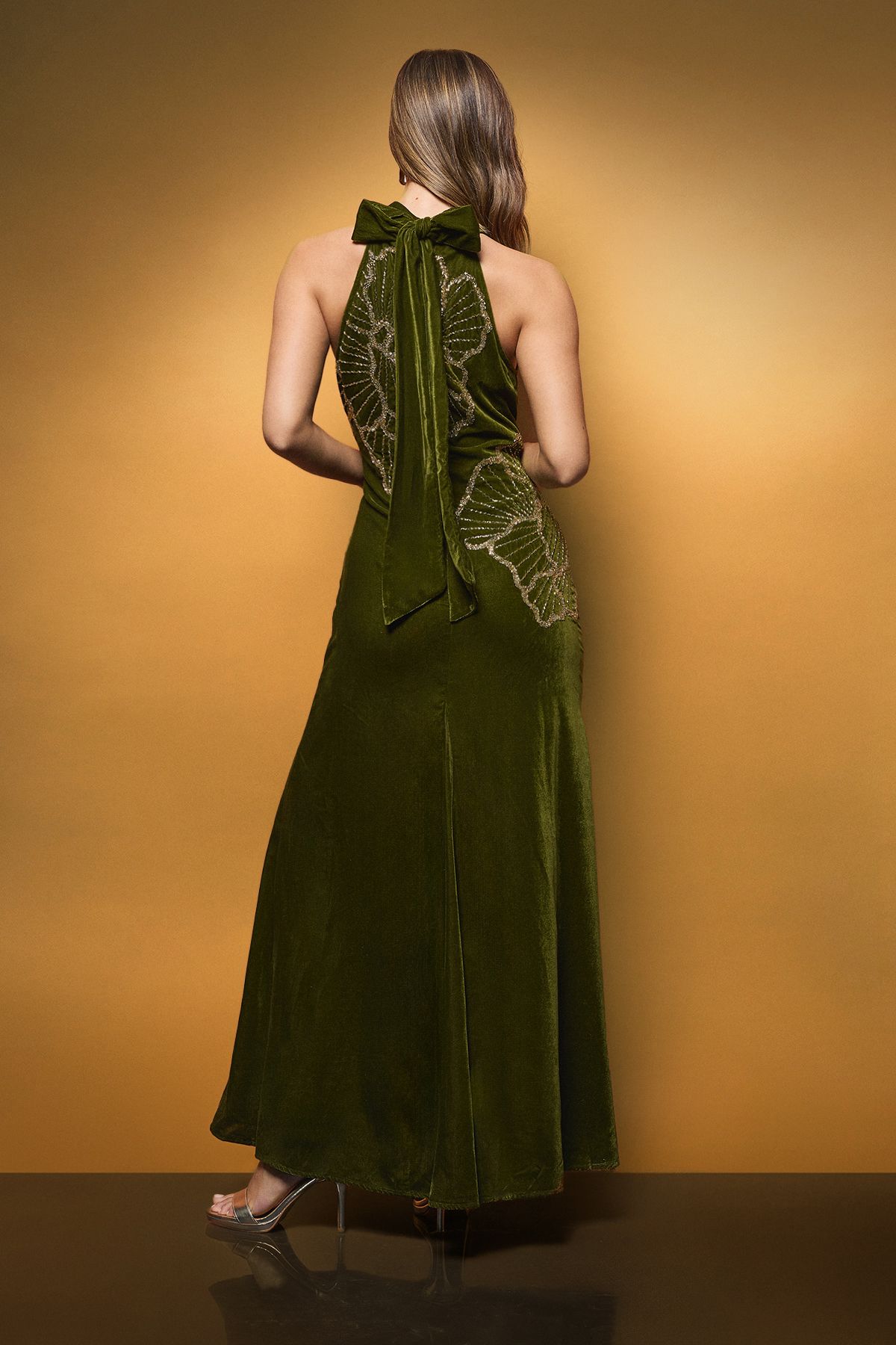 Coast Velvet Halter Neck Embellished Floral Maxi Dress Olive image 3