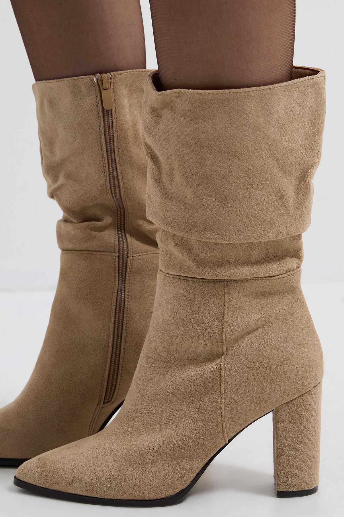 Dorothy Perkins Arina Faux Suede Ruche High Block Heel Calf Boots Beige image 4