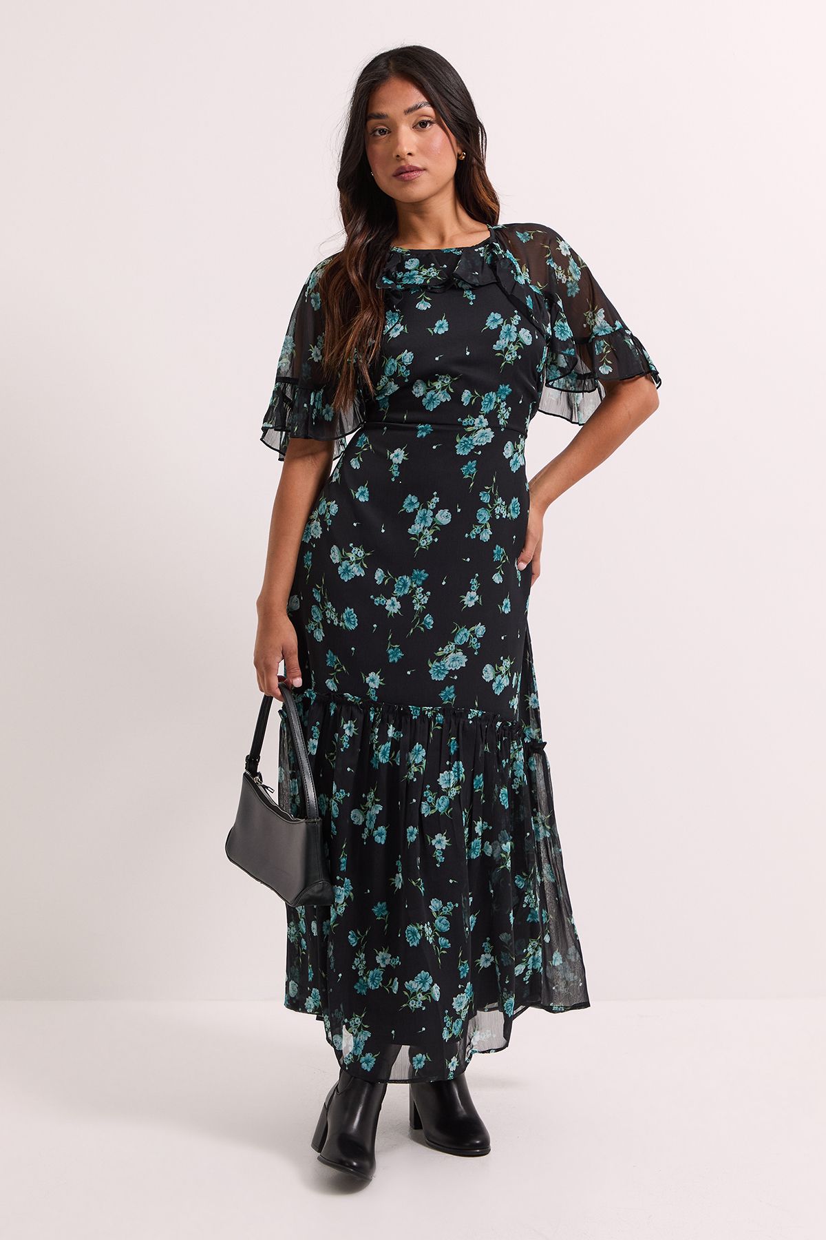 Dorothy Perkins Petite Green Floral Frill Cape Sleeve Tiered Printed Chiffon Midi Dress Green