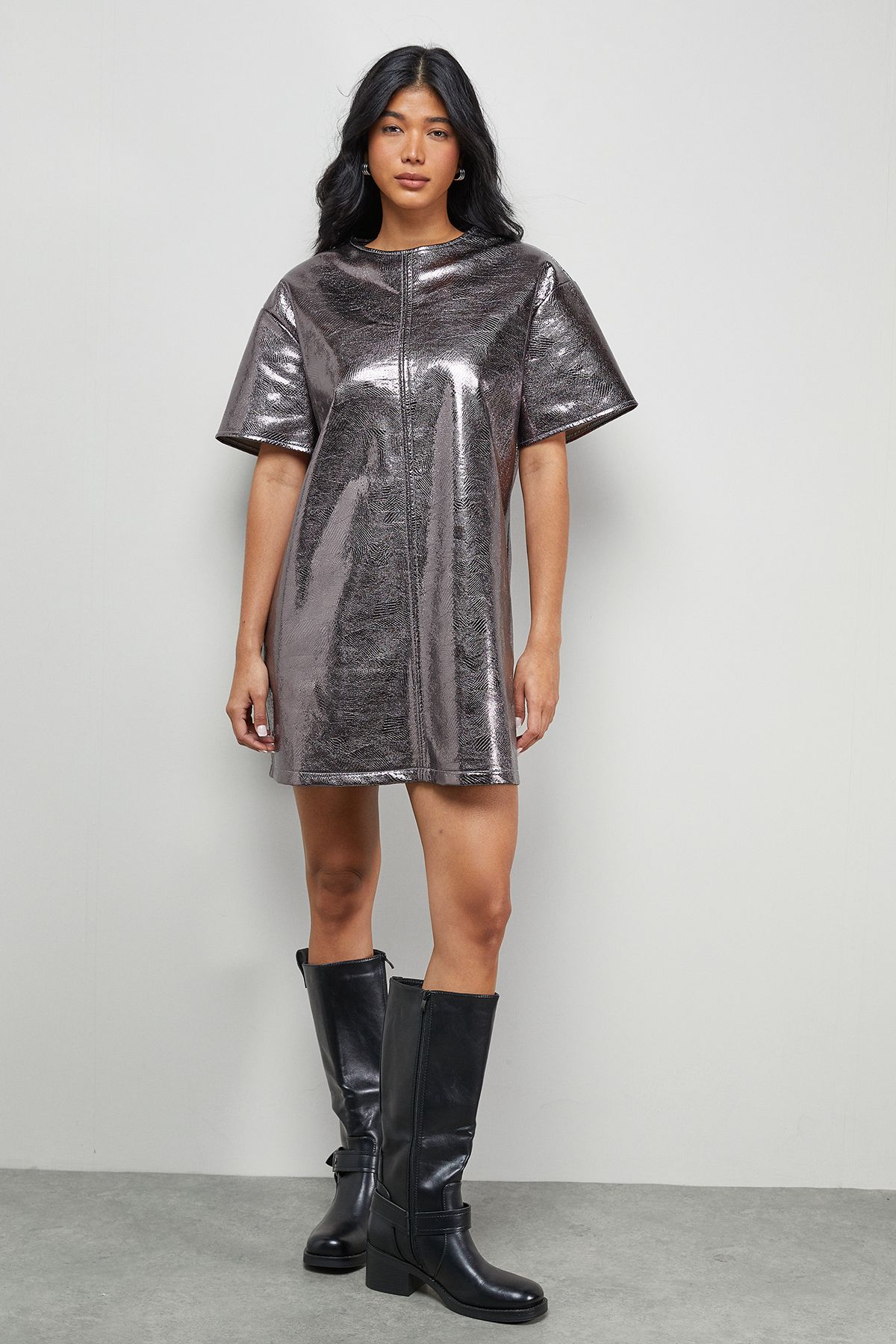Warehouse Metallic Faux Reptile Leather Tshirt Mini Dress Chocolate image 2