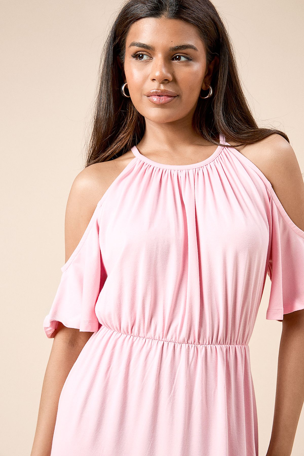 Dorothy Perkins Petite Cold Shoulder Halterneck Midi Dress Blush image 4