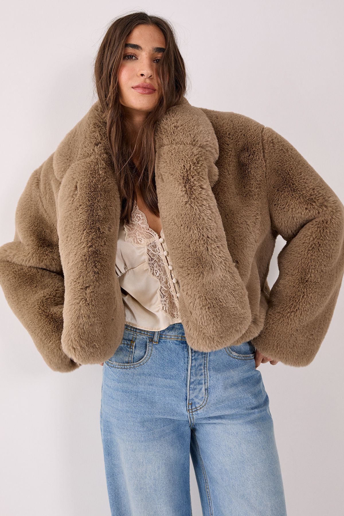 NastyGal Cropped Collar Faux Fur Jacket Mink image 1