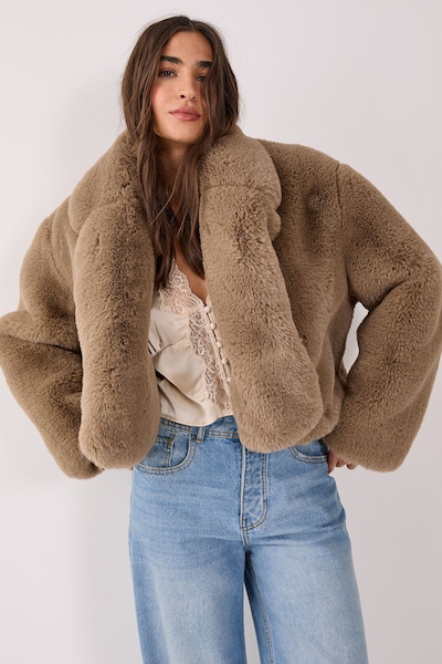 NastyGal Cropped Collar Faux Fur Jacket Mink