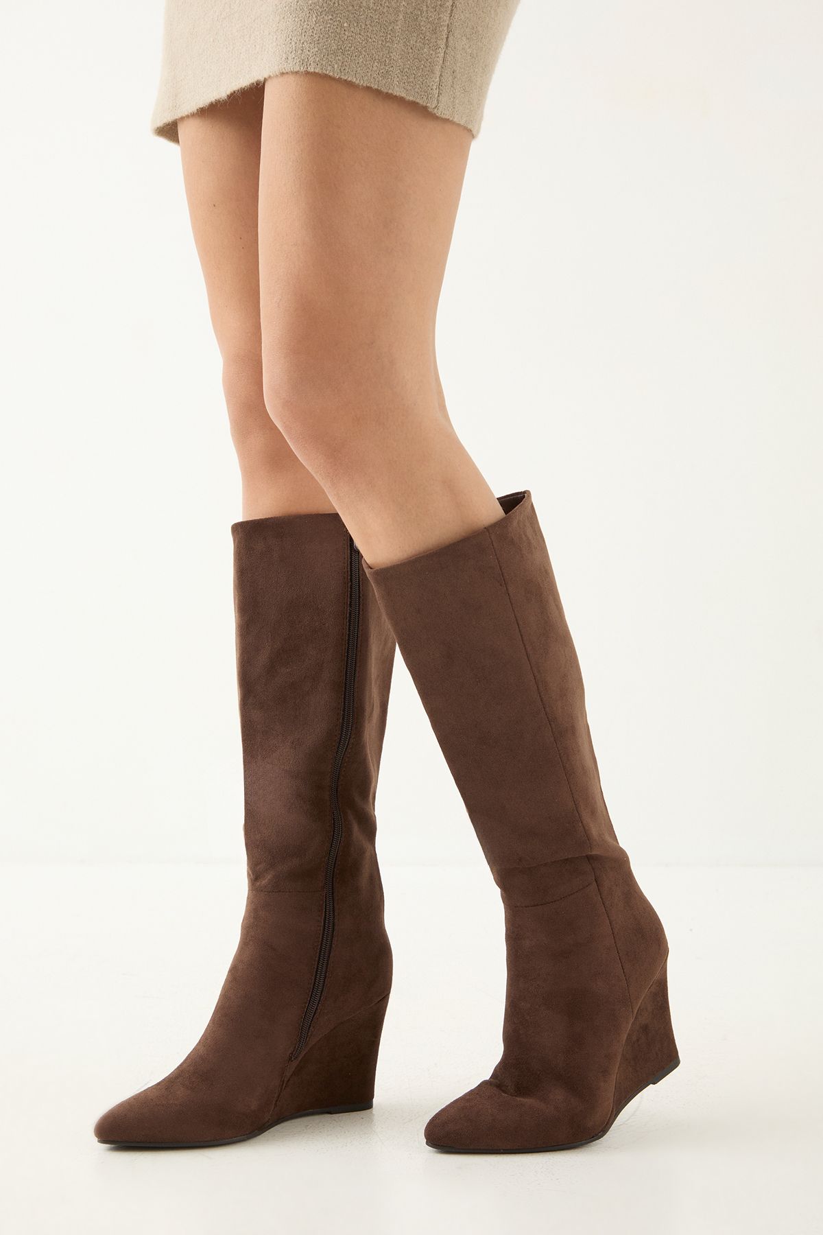 MissPap Faux Suede High Wedge Knee Boots Chocolate image 1