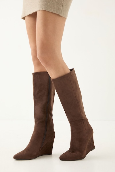 MissPap Faux Suede High Wedge Knee Boots Chocolate