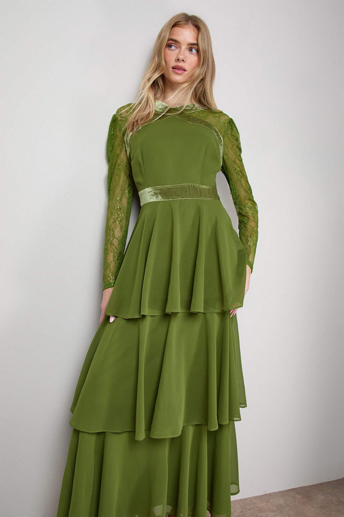 Oasis Lace Sleeve Tiered Maxi Dress Green image 2