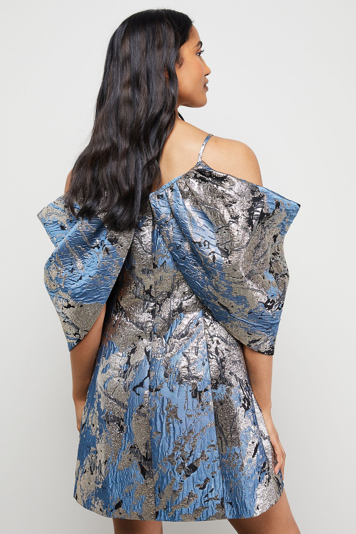Warehouse Metallic Jacquard Dramatic Sleeves Mini Dress Blue image 3